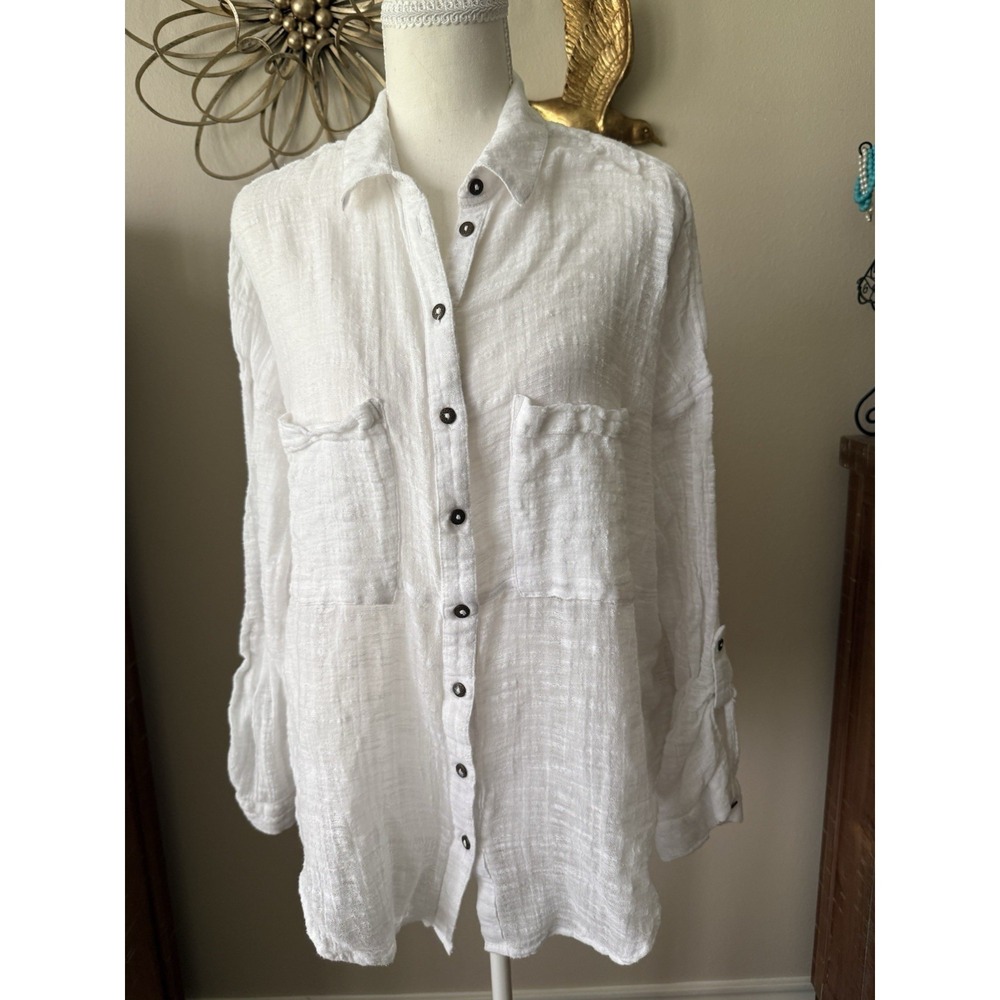 Free People M/L White Cotton Gauze Button Up Shirt Open Back Oversized Boho